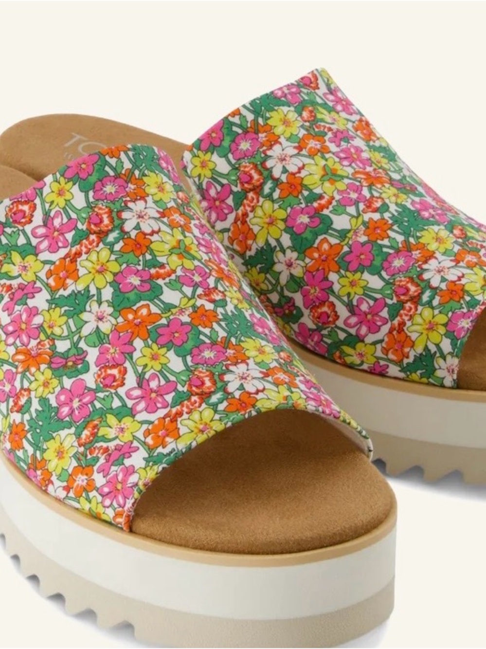Toms Floral Slide Wedge Sandals in Pink, Green & Orange